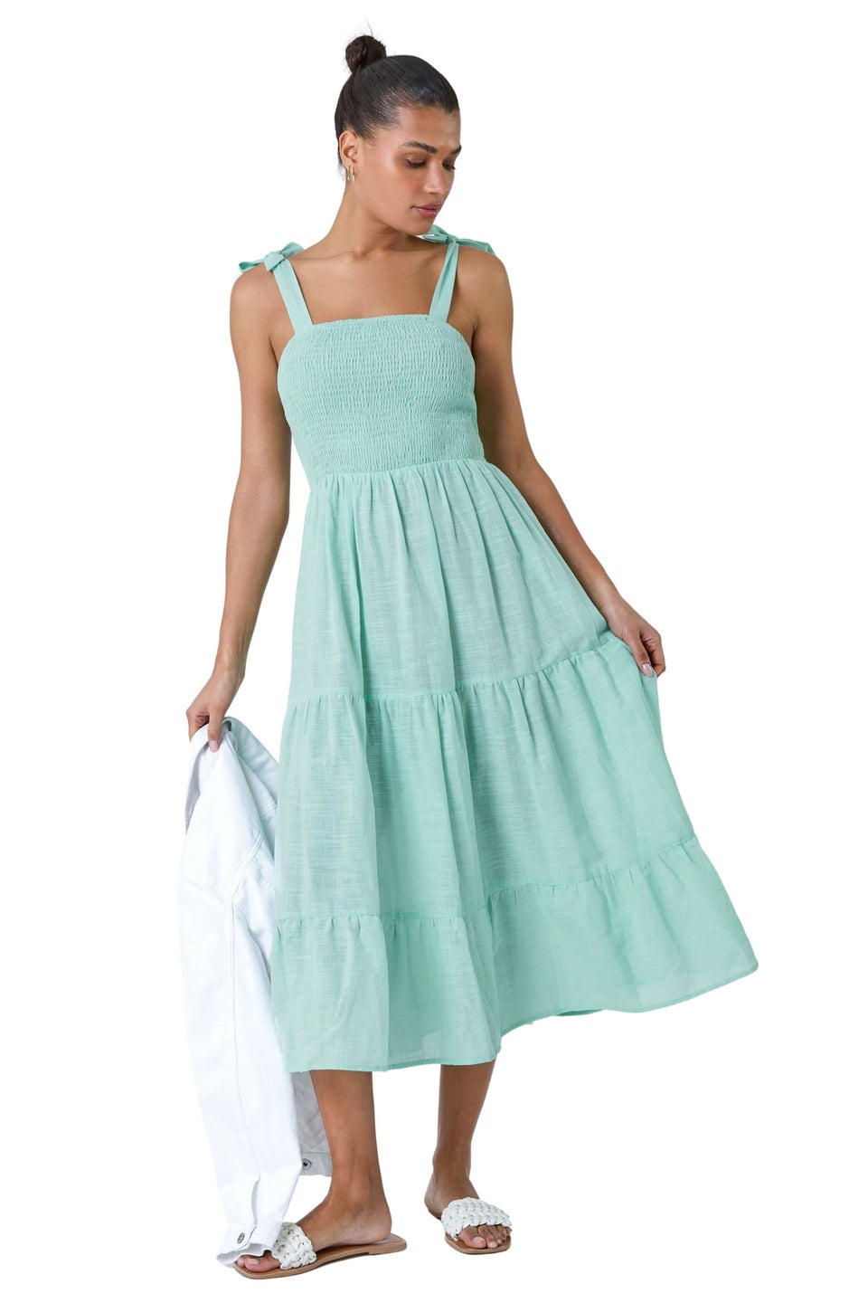 Roman Mink Shirred Tie Cotton Tiered Midi Dress Matalan