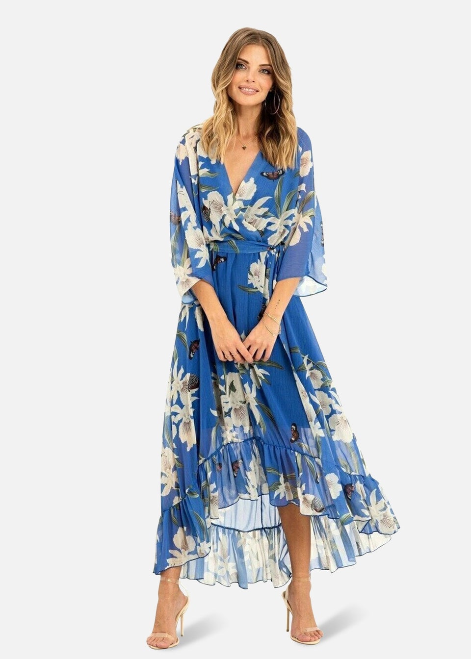 Yumi Blue Floral Print Kimono Midi Wrap Dress Matalan