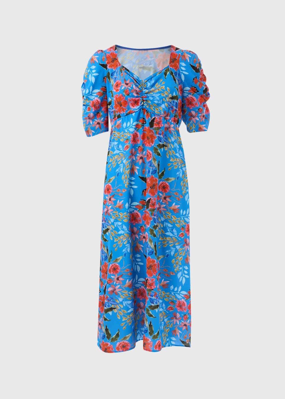 Blue Floral Print Ruched Midi Dress