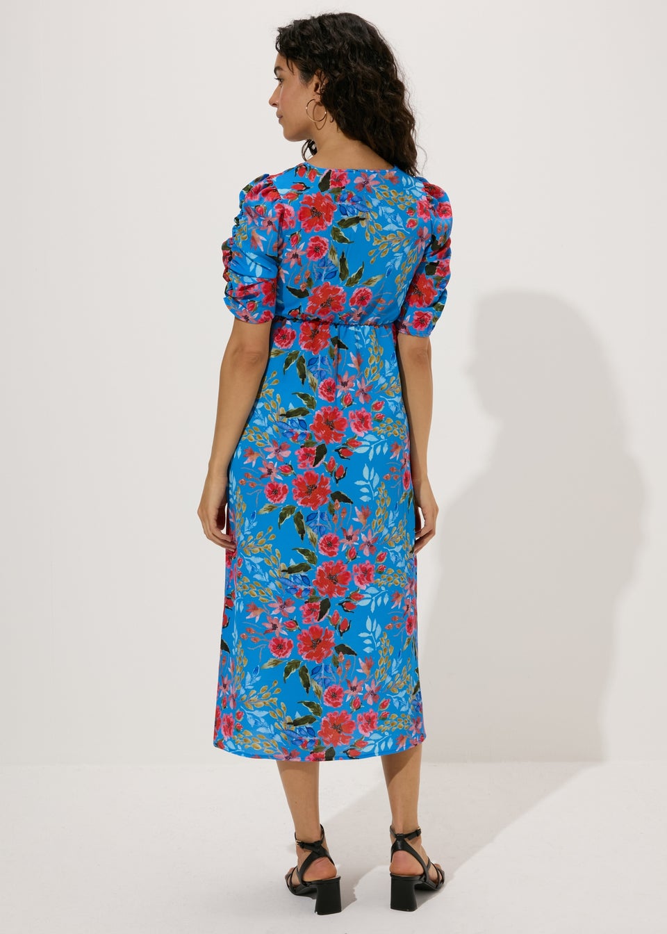 Blue Floral Print Ruched Midi Dress