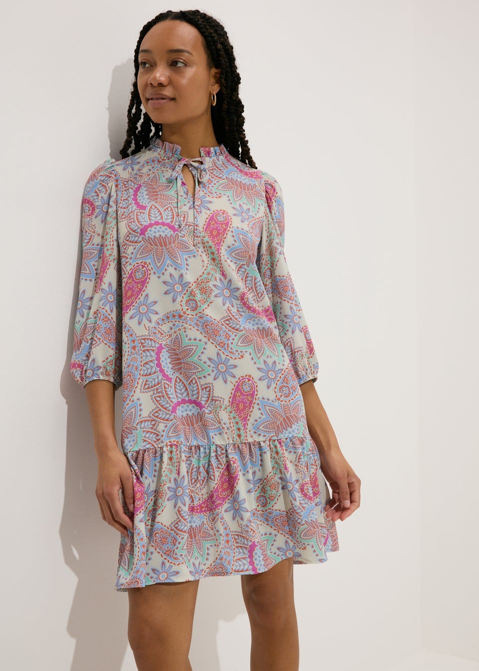 Multicolour Paisley Tie Neck Mini Dress
