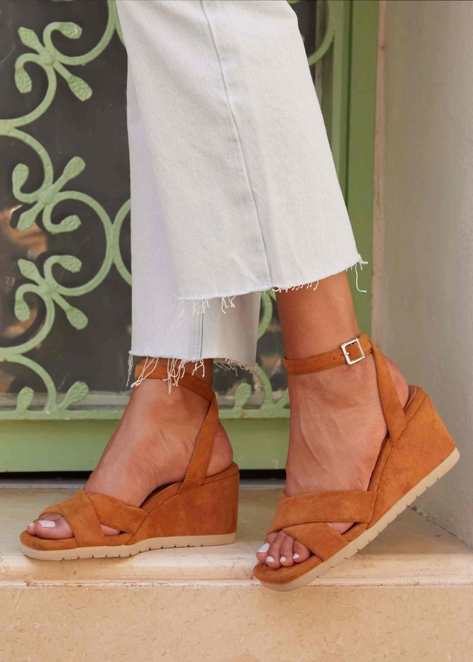 Linzi Imogen Tan Faux Suede Covered Crossover Wedge