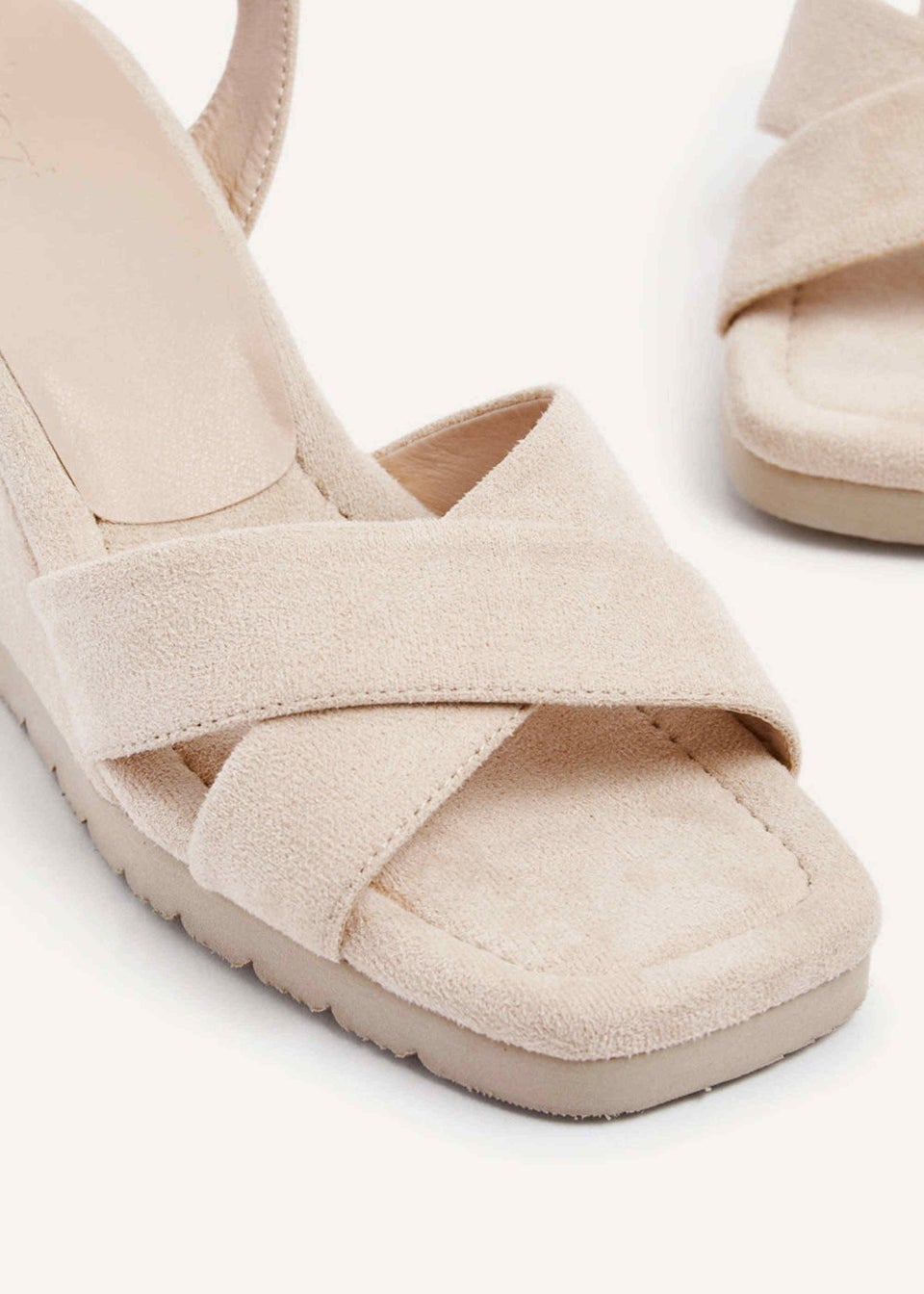 Linzi Imogen Beige Faux Suede Covered Crossover Wedge