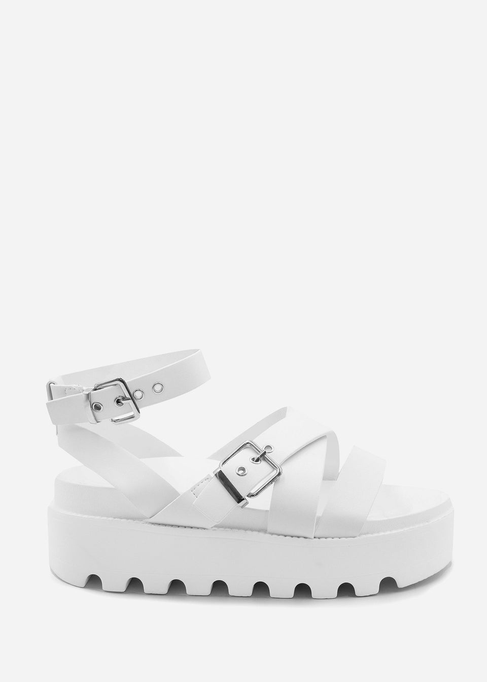 Where's That From Layla White Wide-Fit Buckle Strap Platform Sandals