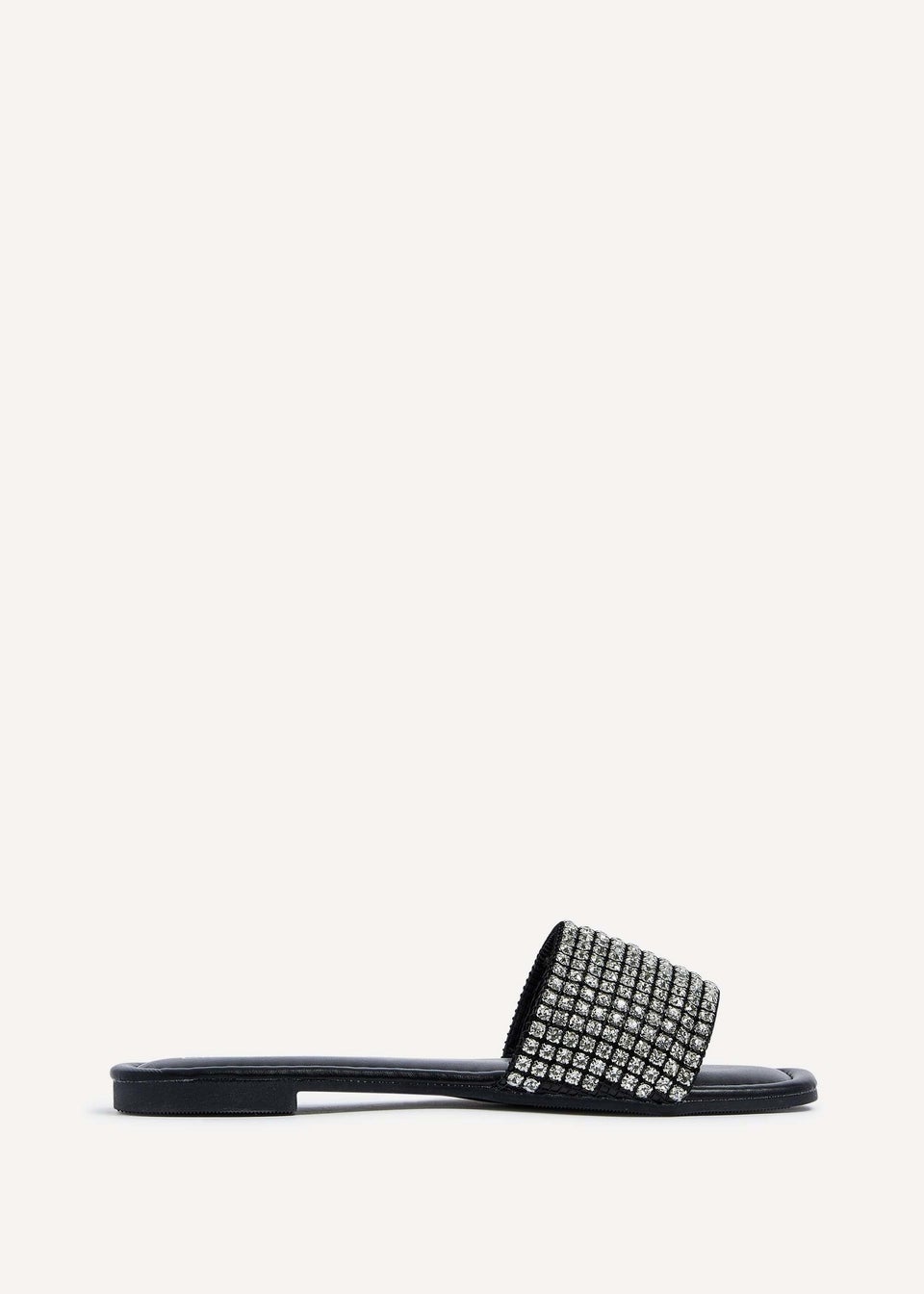 Linzi Shimmer Black Faux Leather Diamante Slider Sandals
