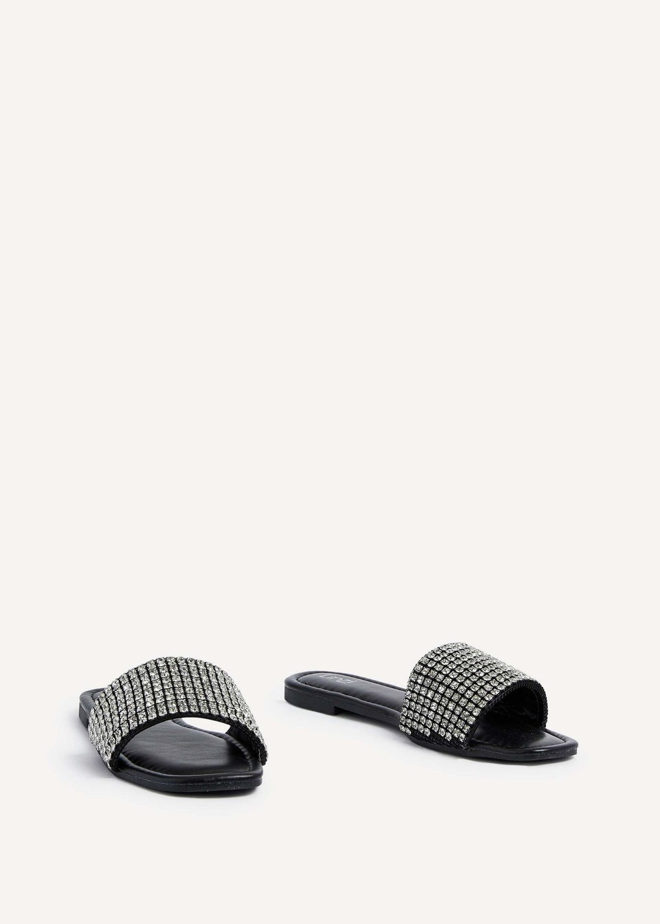 Linzi Shimmer Black Faux Leather Diamante Slider Sandals