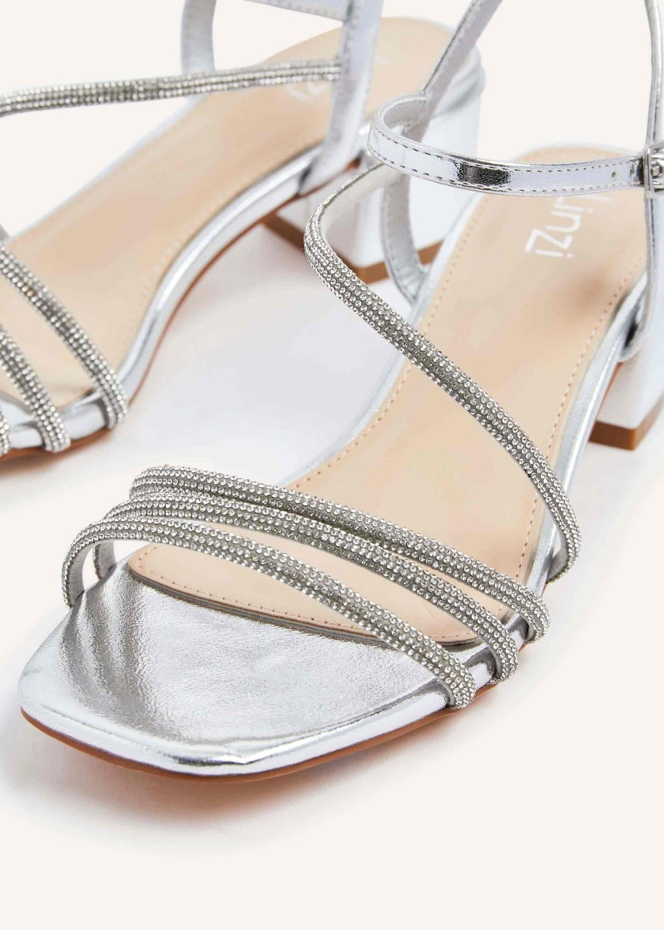 Linzi Riri Silver Faux Leather Diamante Strappy Block Heeled Sandal