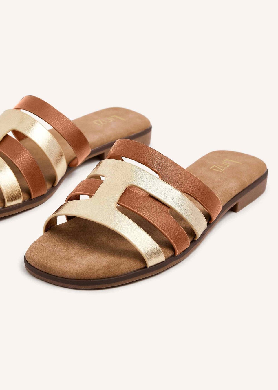 Linzi Eloise Gold Tan Faux Leather Interlock Flat Sandals