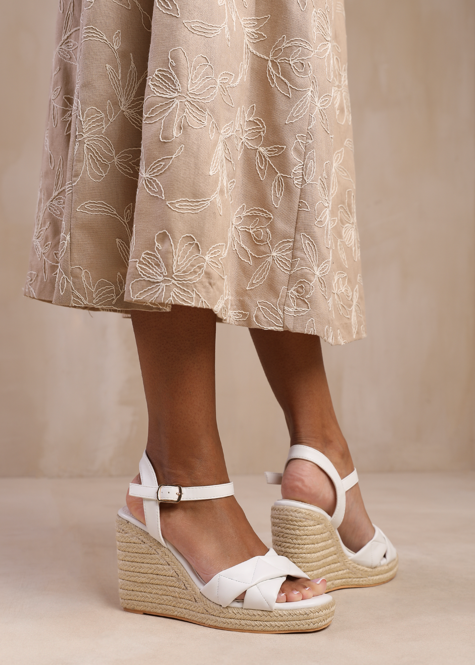 Where's That From Lima White Wide-Fit Padded Strappy Espadrille Wedges