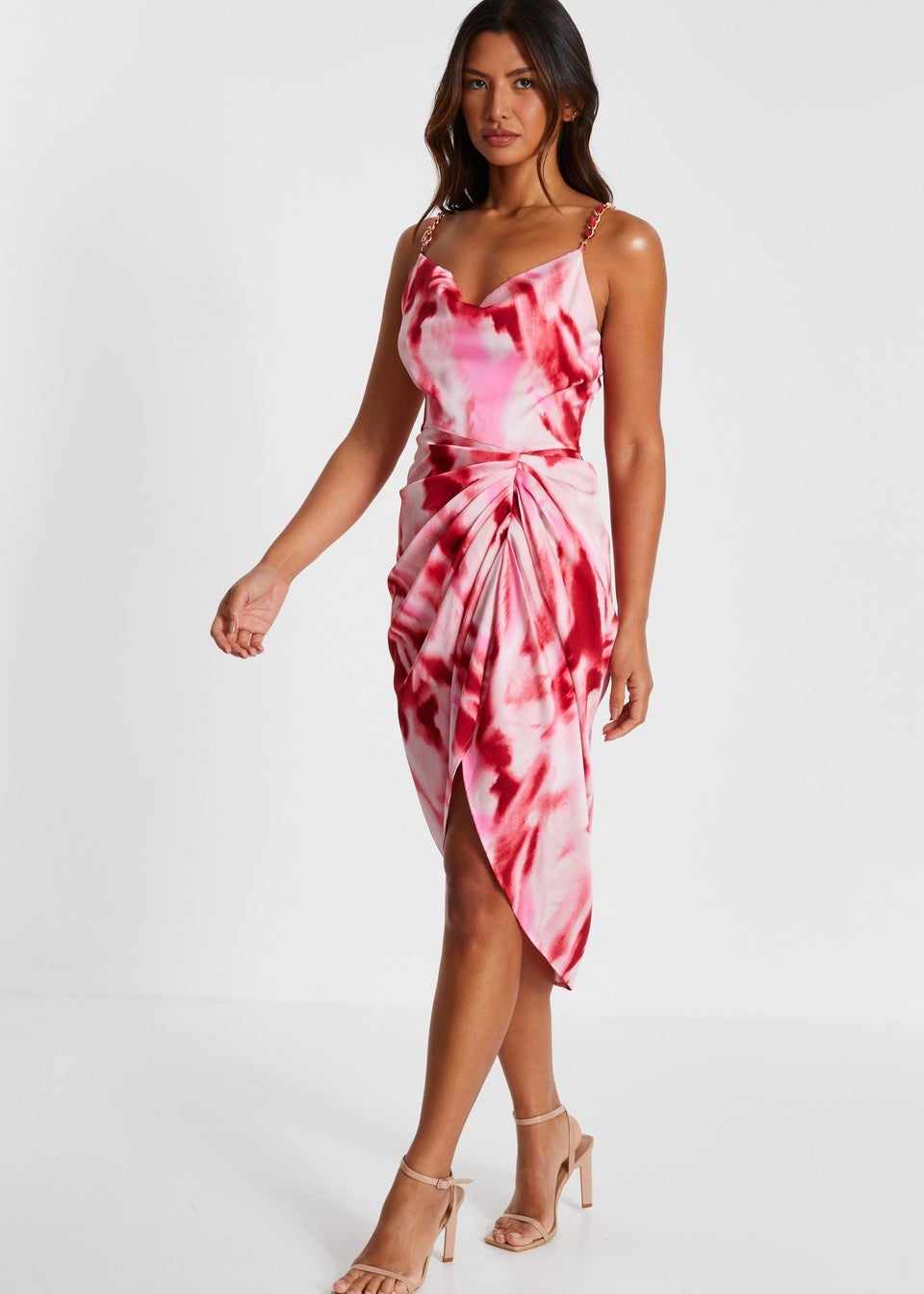 Quiz Pink Marble Satin Ruched Midi Dress