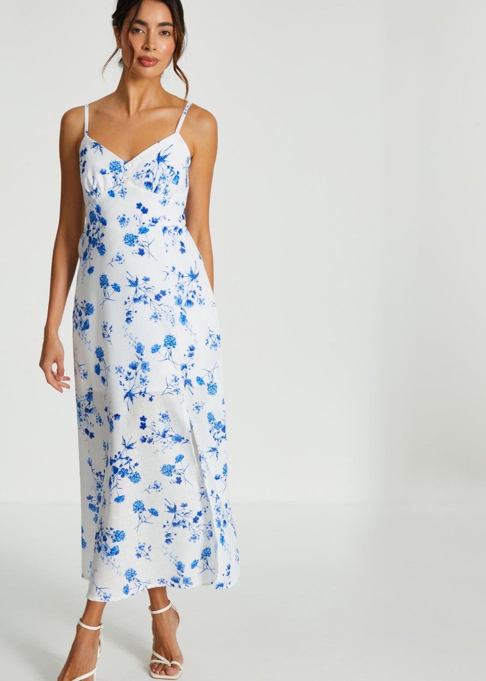 Quiz White Floral Linen Look Midaxi Dress Matalan