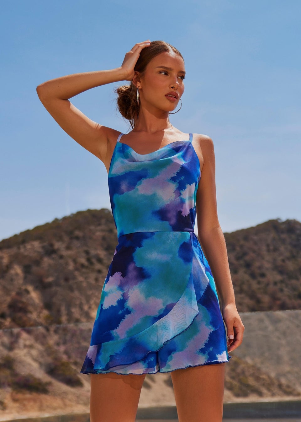 Quiz Blue Tie Dye Print Cowl Neck Mesh Playsuit