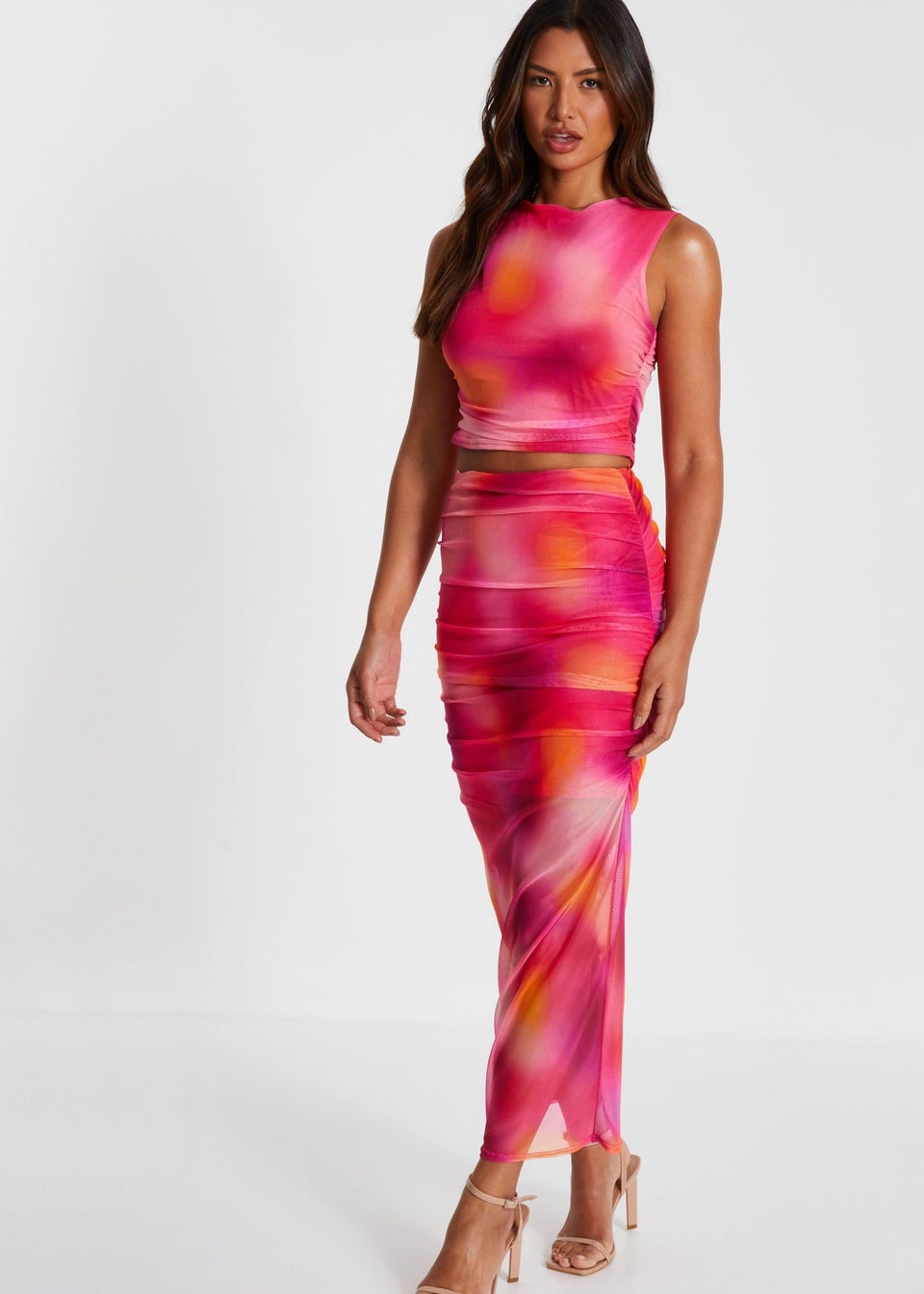 Quiz Fuschia Mesh Ombre Print Midaxi Skirt Matalan