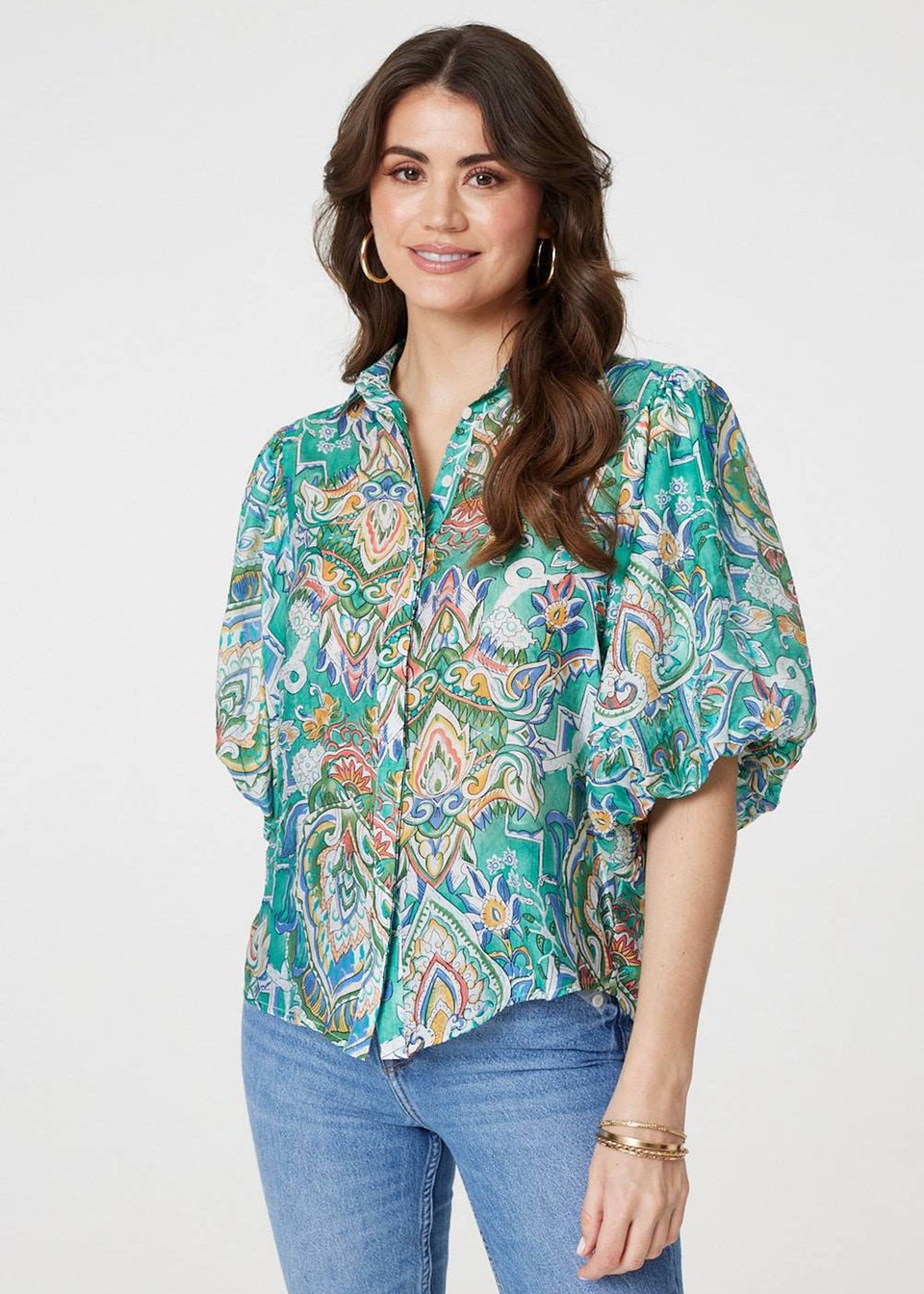 Izabel London Green Printed Puff 1/2 Sleeve Shirt