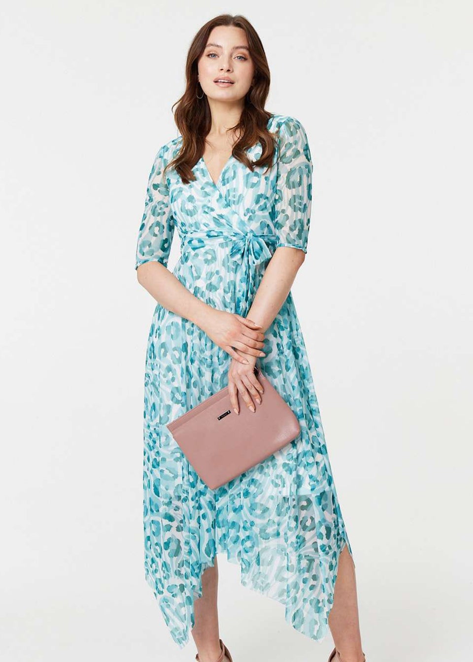Izabel London Teal Animal Print Sheer Tie Waist Midi Dress