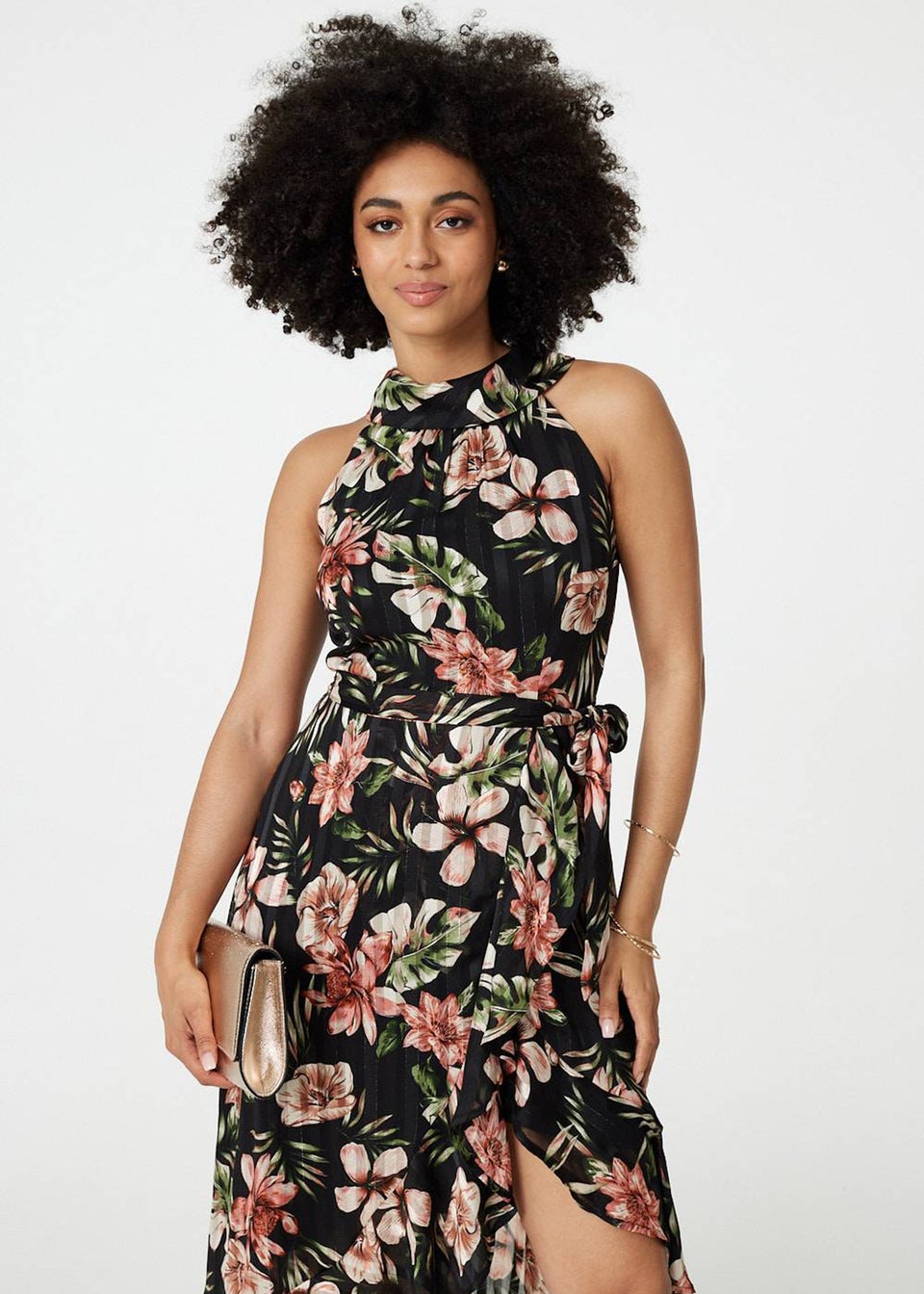 Izabel London Black Floral Asymmetric Halter Neck Midi Dress