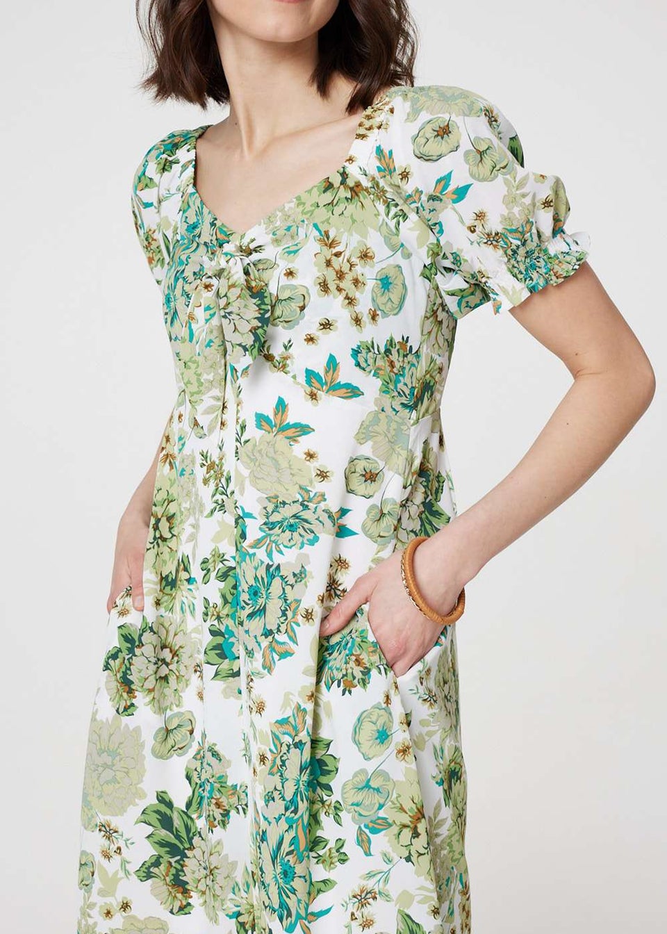 Izabel London Green Floral Tie-Front Short Sleeve Midi Dress