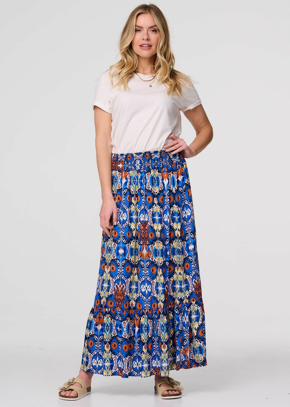 Izabel London Blue Printed Shirred High Waist Maxi Skirt