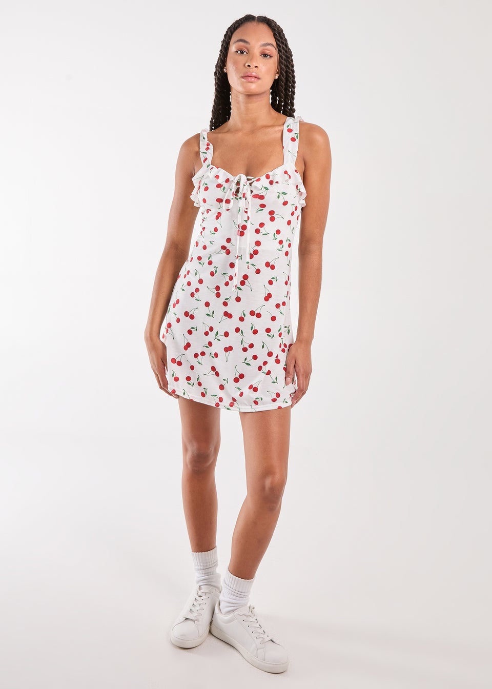 Pink Vanilla White Cherry Print Strappy Mini Dress