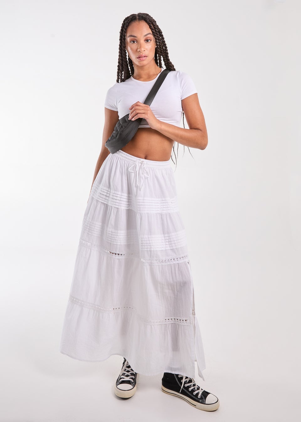 Pink Vanilla White Prairie Tiered Maxi Skirt