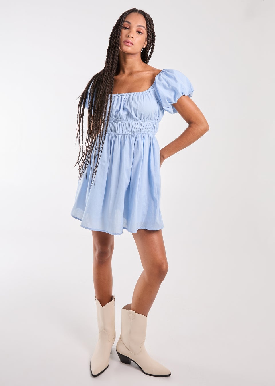 Pink Vanilla Blue Puff Sleeve Mini Dress with Shorts