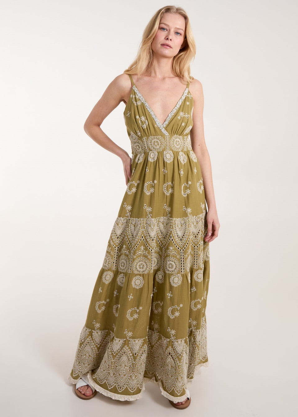 Blue Vanilla Green Cami Maxi Dress With Embroidery