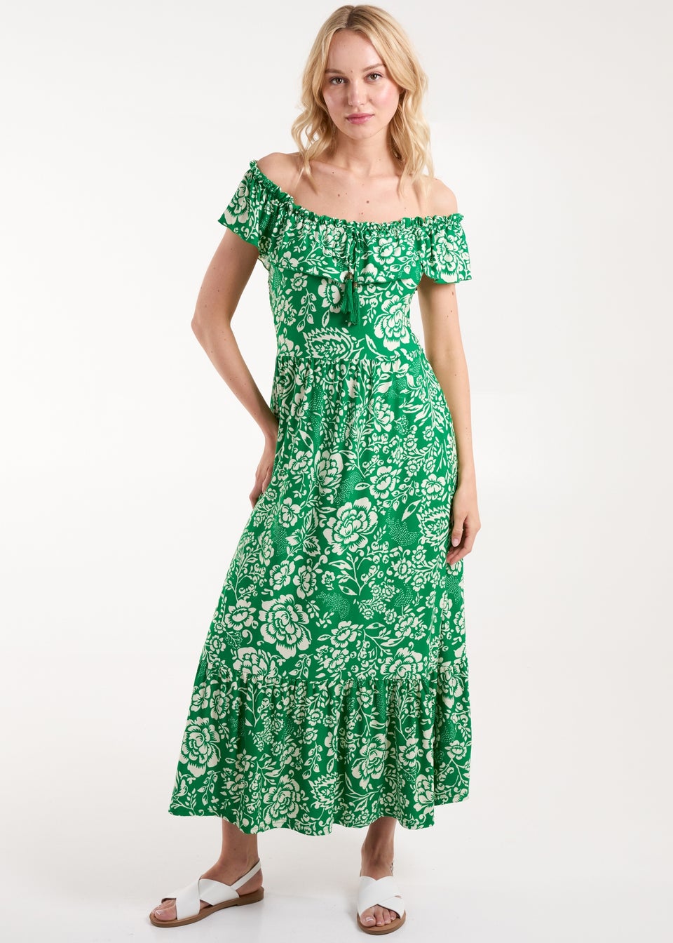 Blue Vanilla Green Off The Shoulder Hanky Hem Midi Dress Matalan