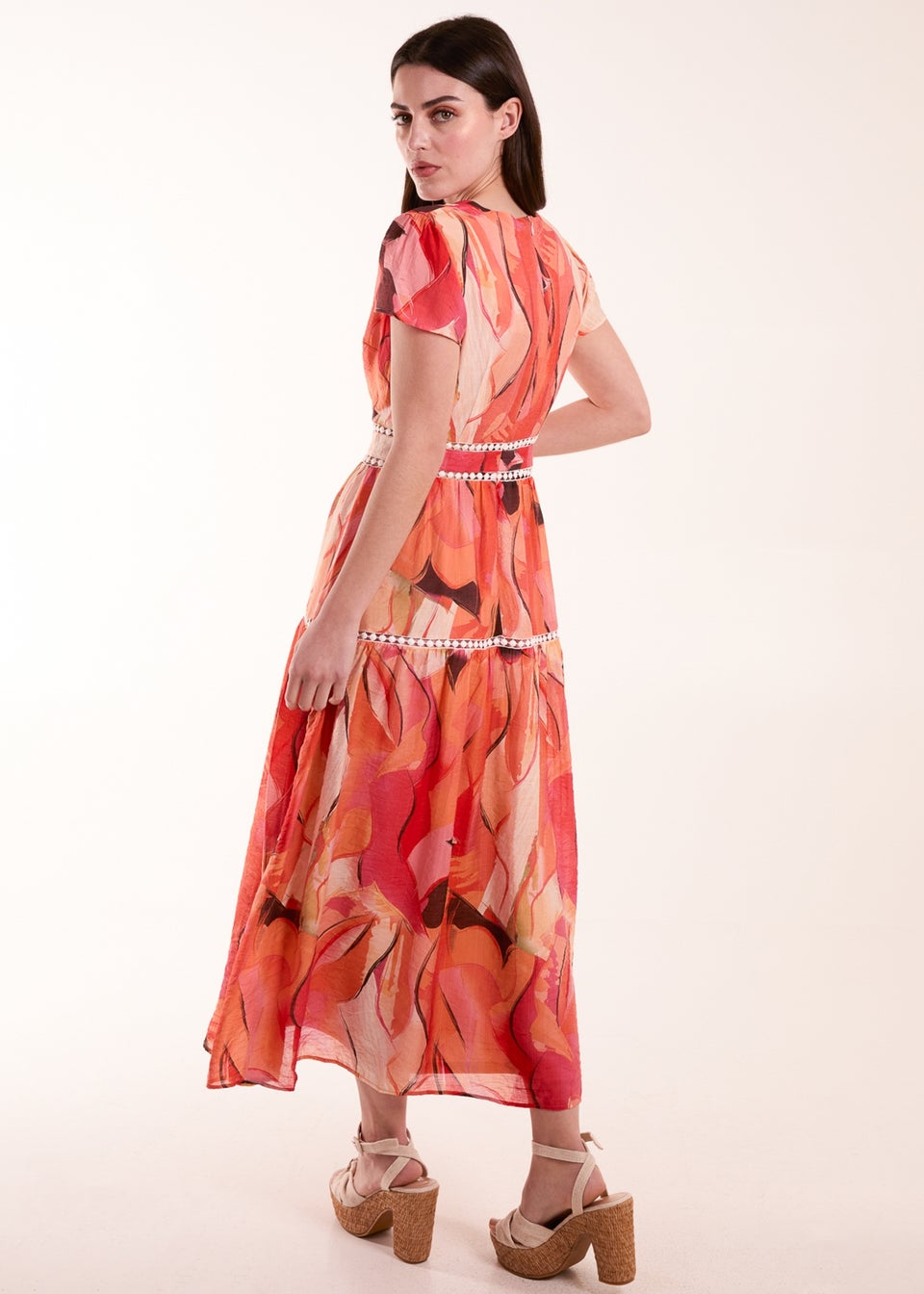 Blue Vanilla Orange Double Frill V Neck Midi Dress