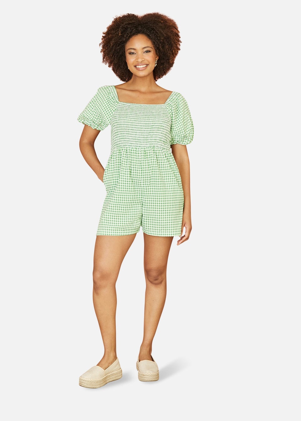 Yumi Green Cotton Gingham Puff Sleeve Playsuit Matalan