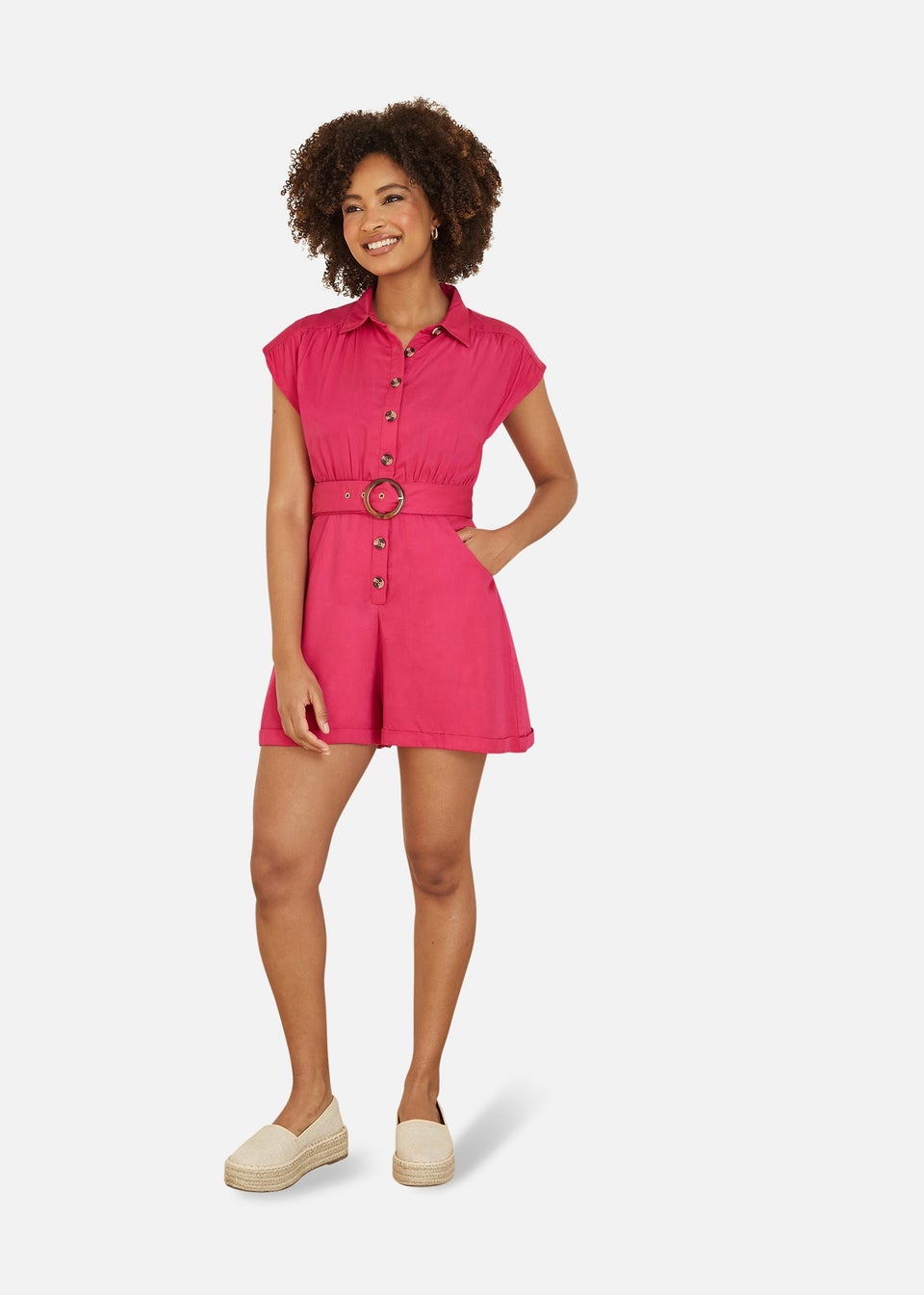 Yumi Pink Twill Cotton Button Up Playsuit With Matching Belt