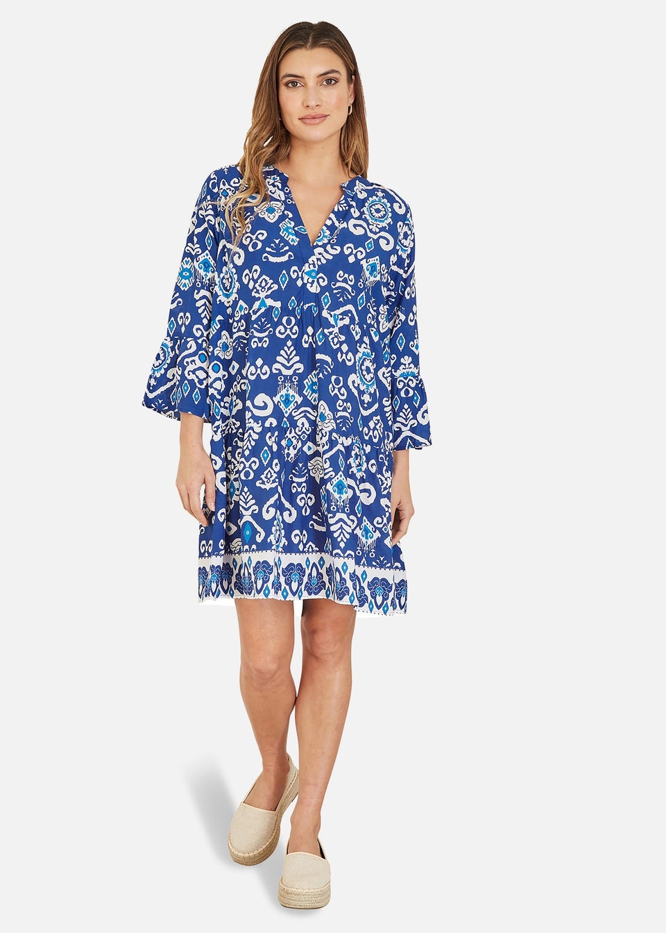 Yumi Blue Ikat Print 3 4 Sleeve Tunic Dress Matalan