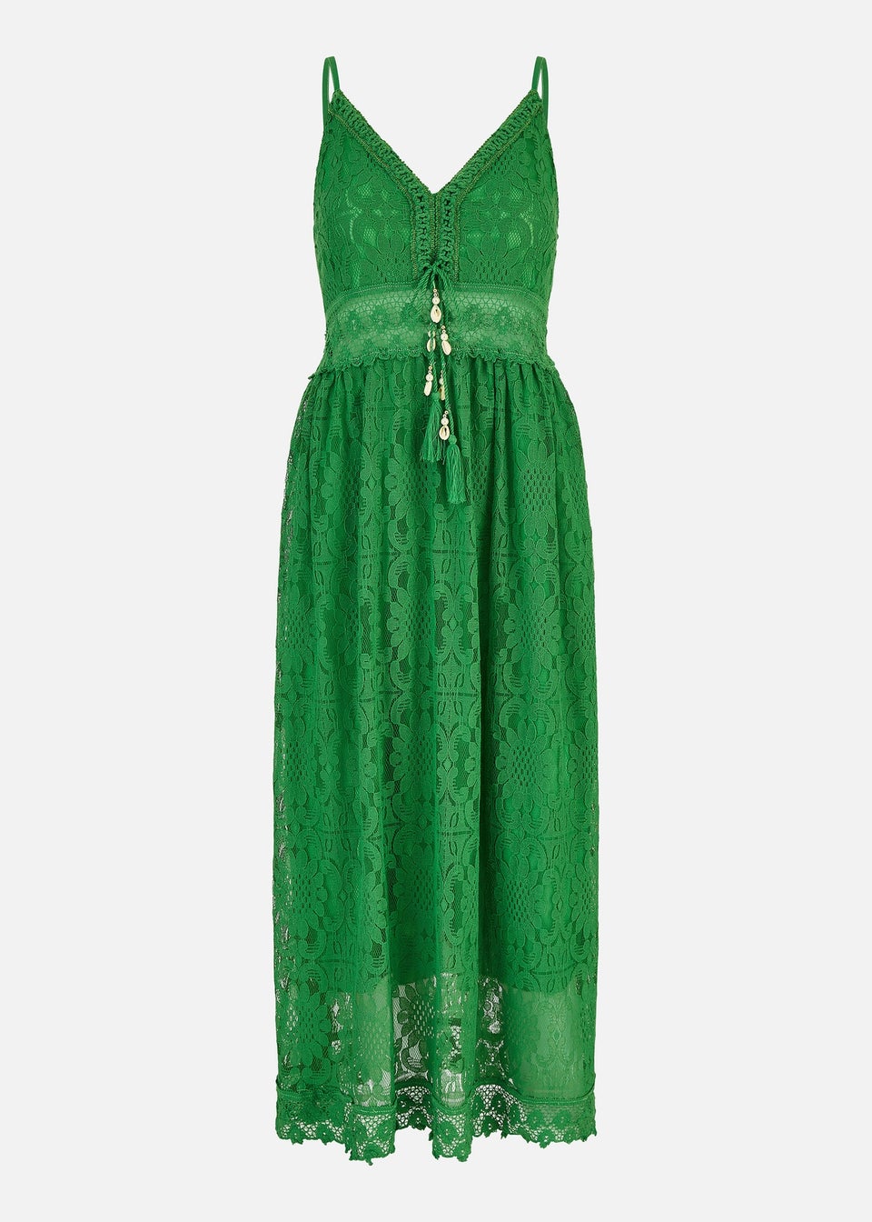 Yumi Green Lace Midi Sundress With Tassel Tie and Ruched Back