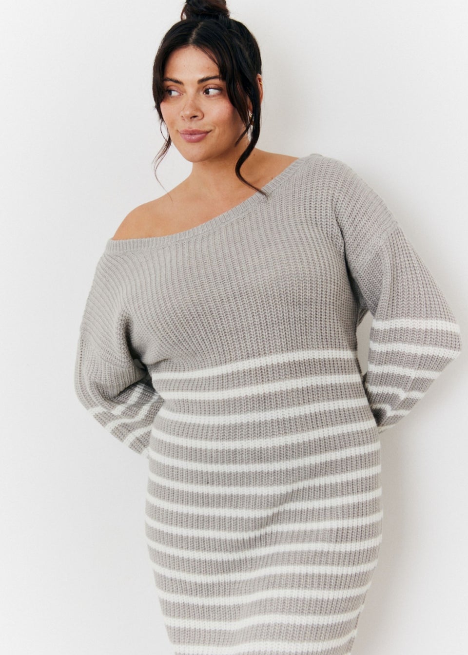 In The Style Grey Off Shoulder Knit Dress