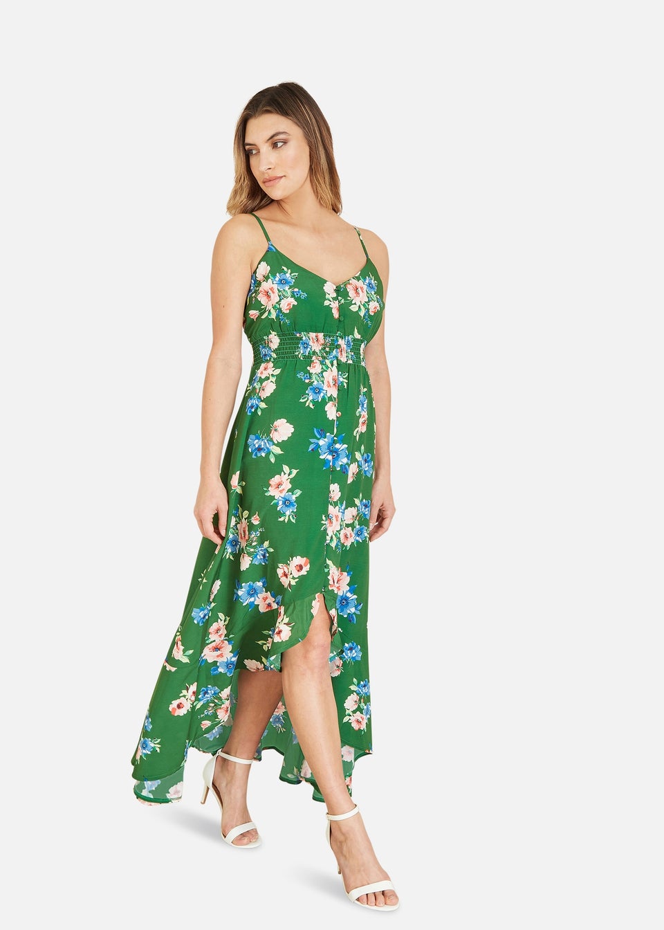 Mela Green Floral High Low Frill Midi Dress Matalan