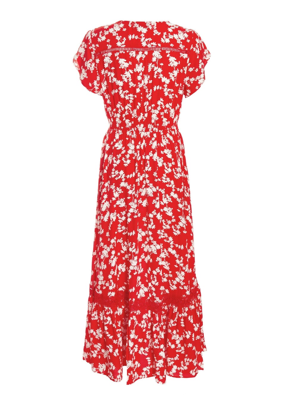 Quiz Red Ditsy Floral Crochet Trim Maxi Dress