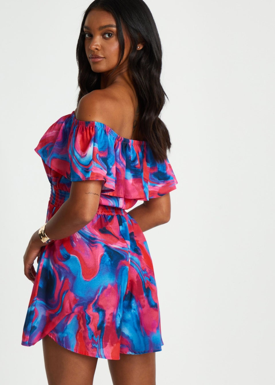 Quiz Multi Marble Print Bardot Playsuit