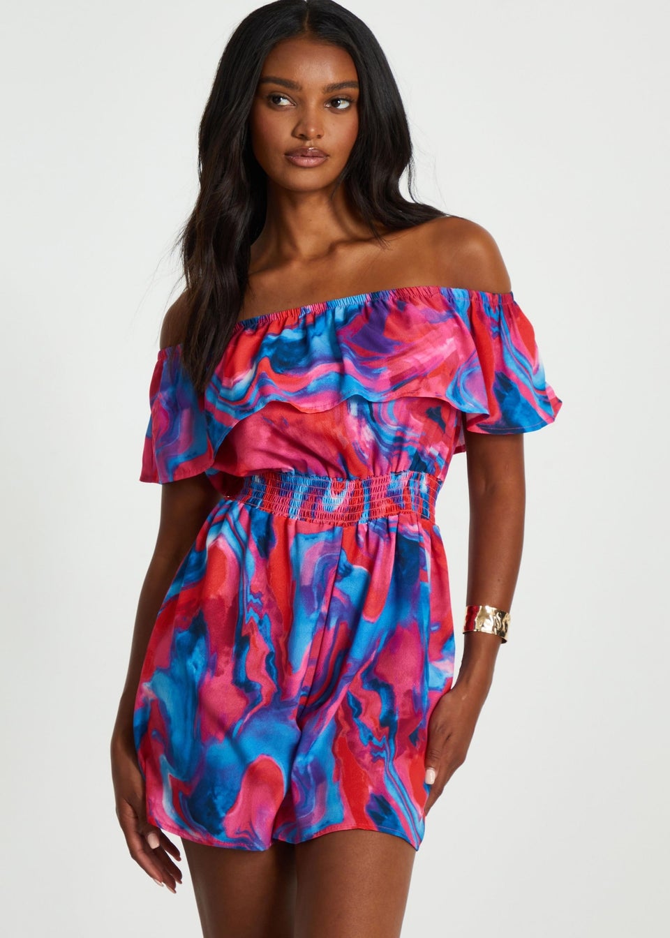 Quiz Multi Marble Print Bardot Playsuit Matalan
