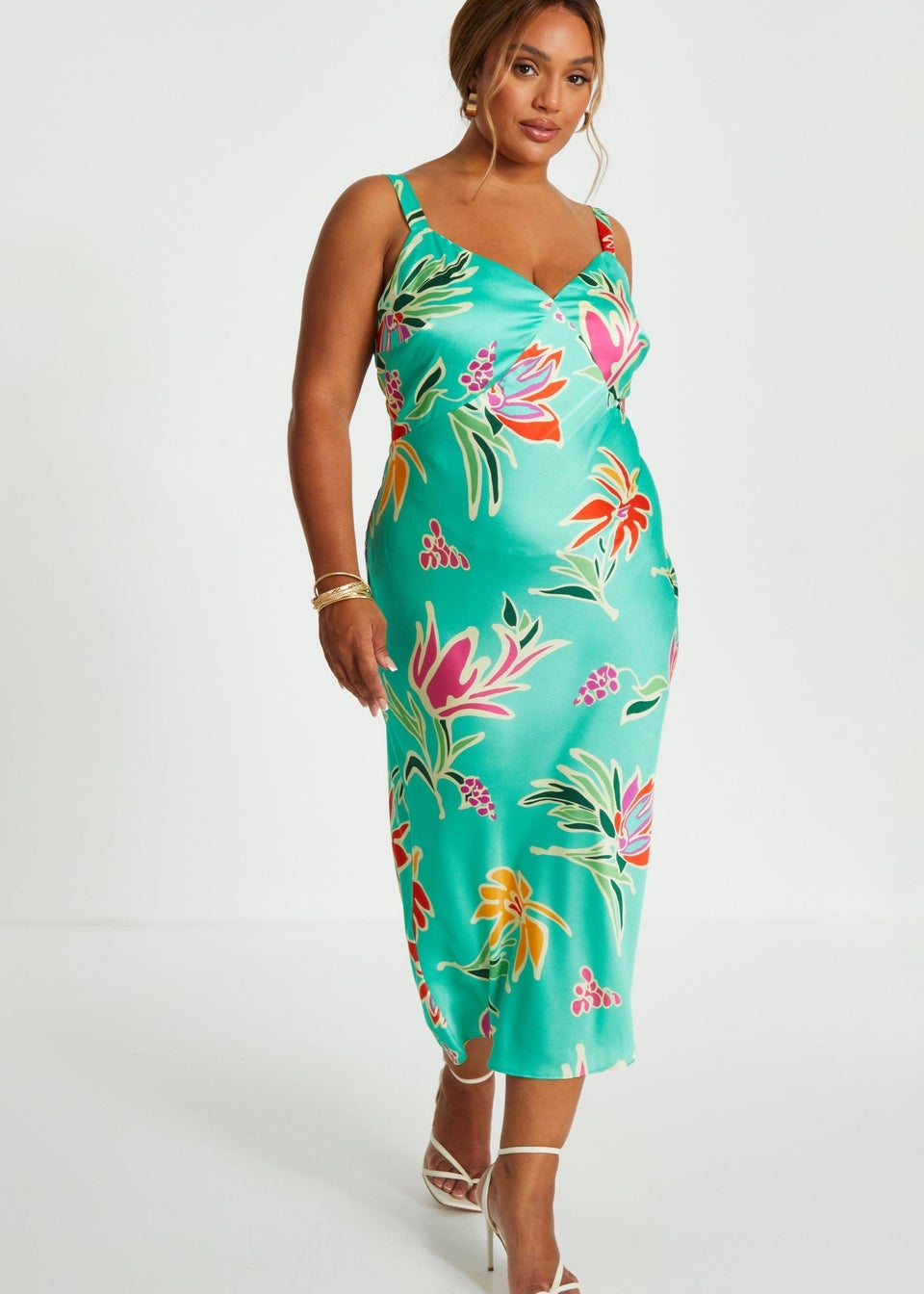 Quiz Green Curve Tropical Print Midaxi Dress