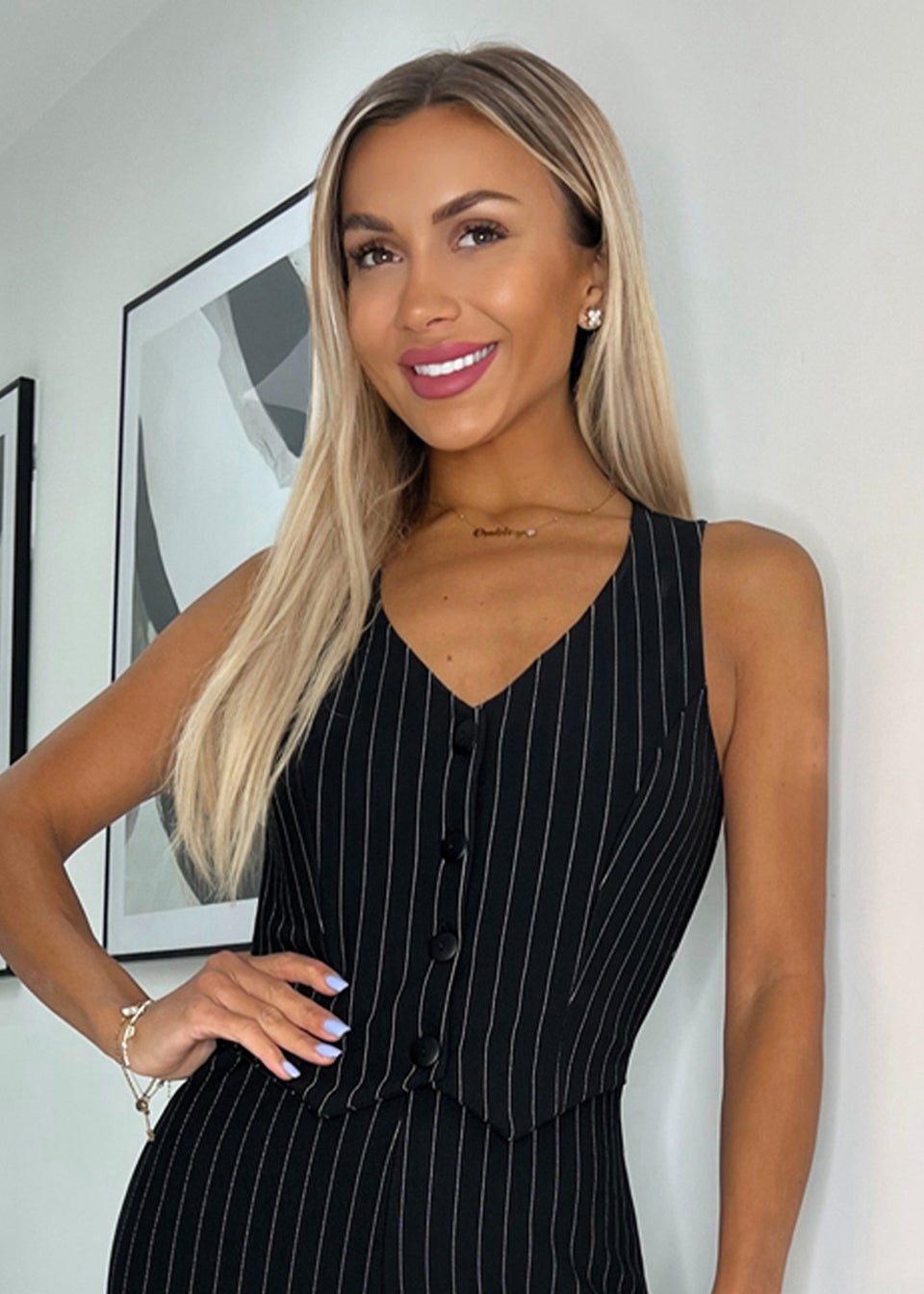 AX Paris Black Pinstripe Waistcoat Detail Wide Leg Jumpsuit Matalan