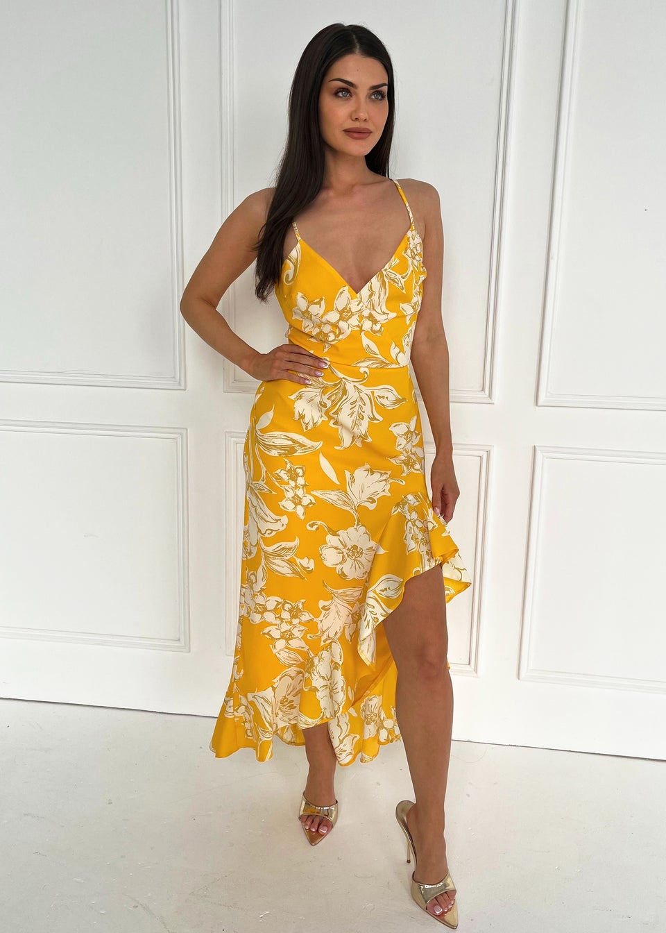 AX Paris Yellow Floral Printed Strappy Frill Hem Midi Dress Matalan