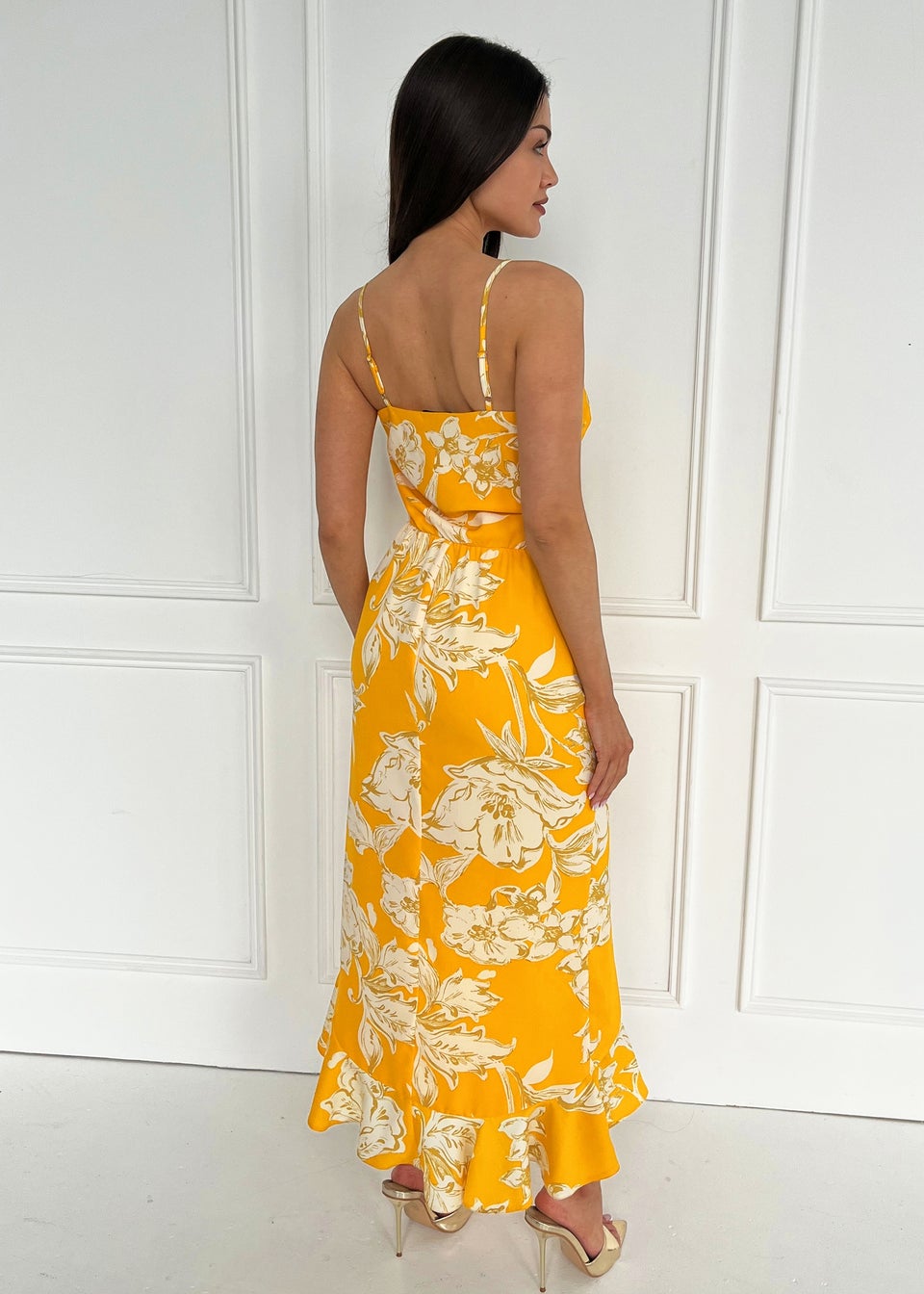 AX Paris Yellow Floral Printed Strappy Frill Hem Midi Dress Matalan