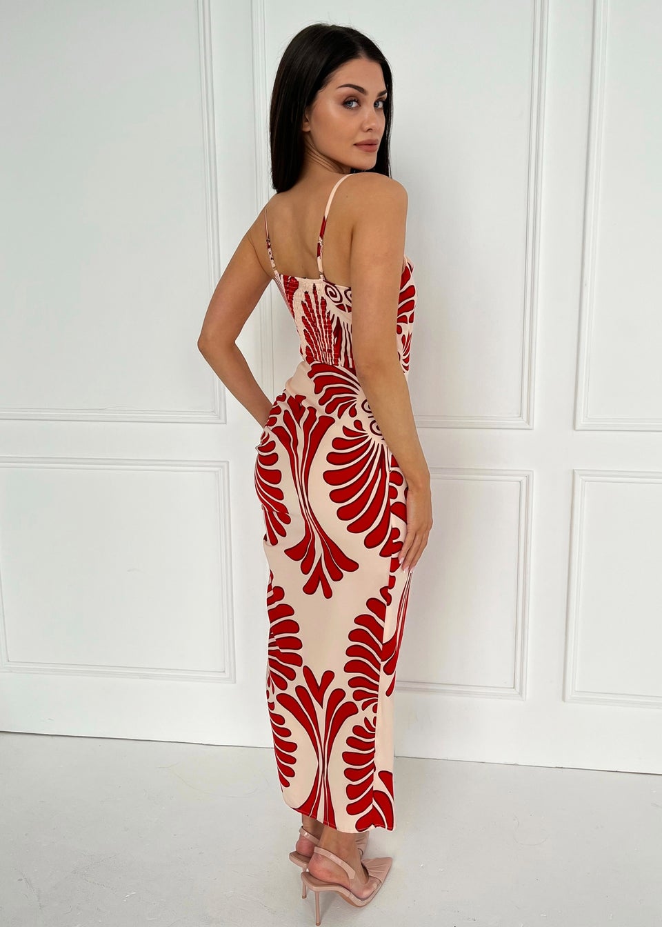 AX Paris Burnt Orange Abstract Print Cowl Neck Ruched Midi Dress - Matalan