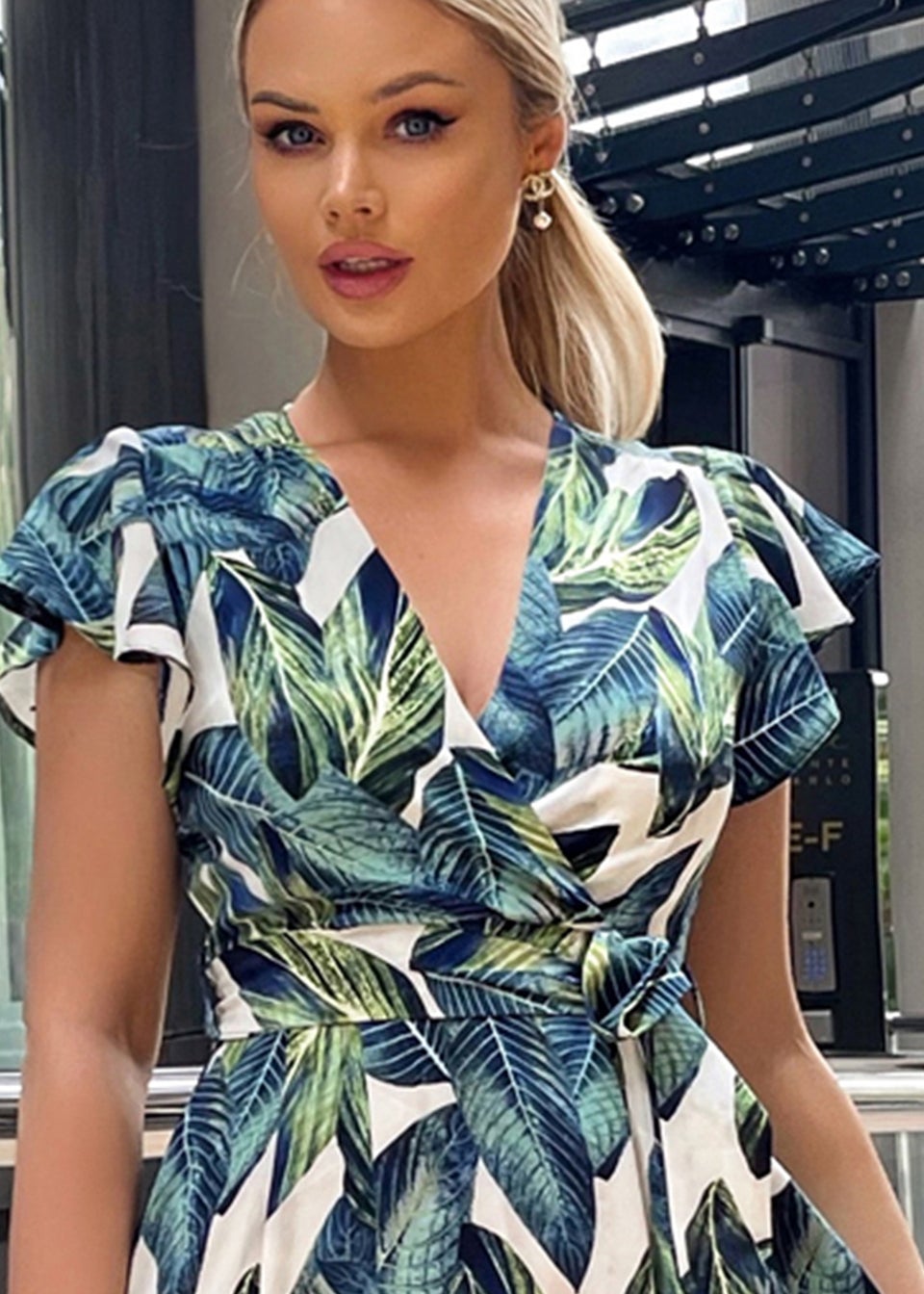 AX Paris Blue Leaf Print Short Sleeve Belted Wrap Midi Dress Matalan