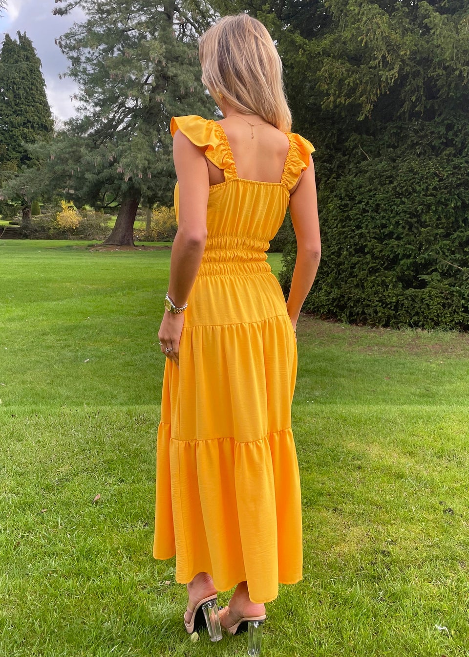 AX Paris Yellow Frill Strap Tiered Midi Dress