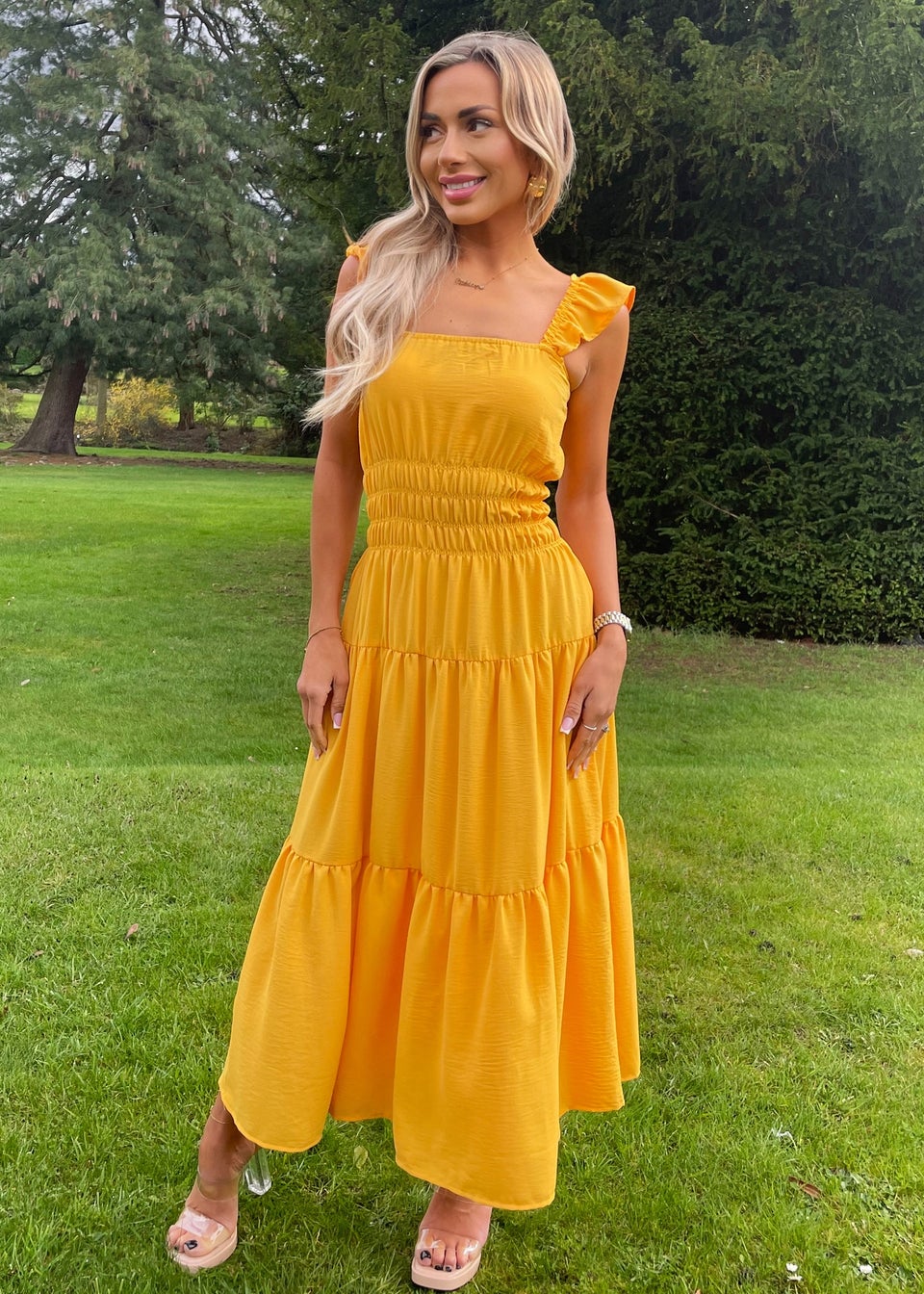 AX Paris Yellow Frill Strap Tiered Midi Dress Matalan