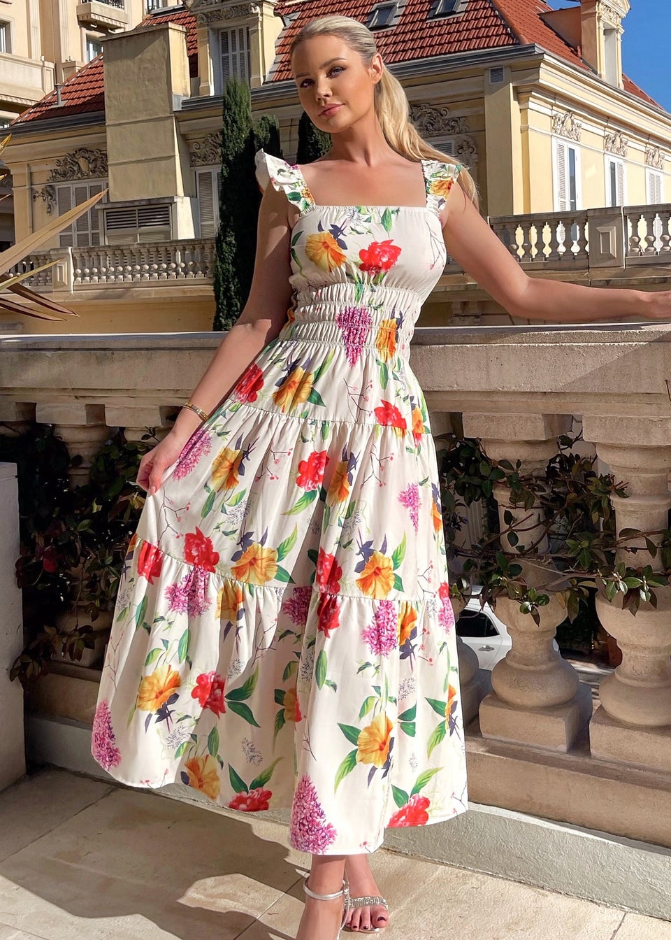 AX Paris Cream Floral Printed Frill Strap Midi Dress