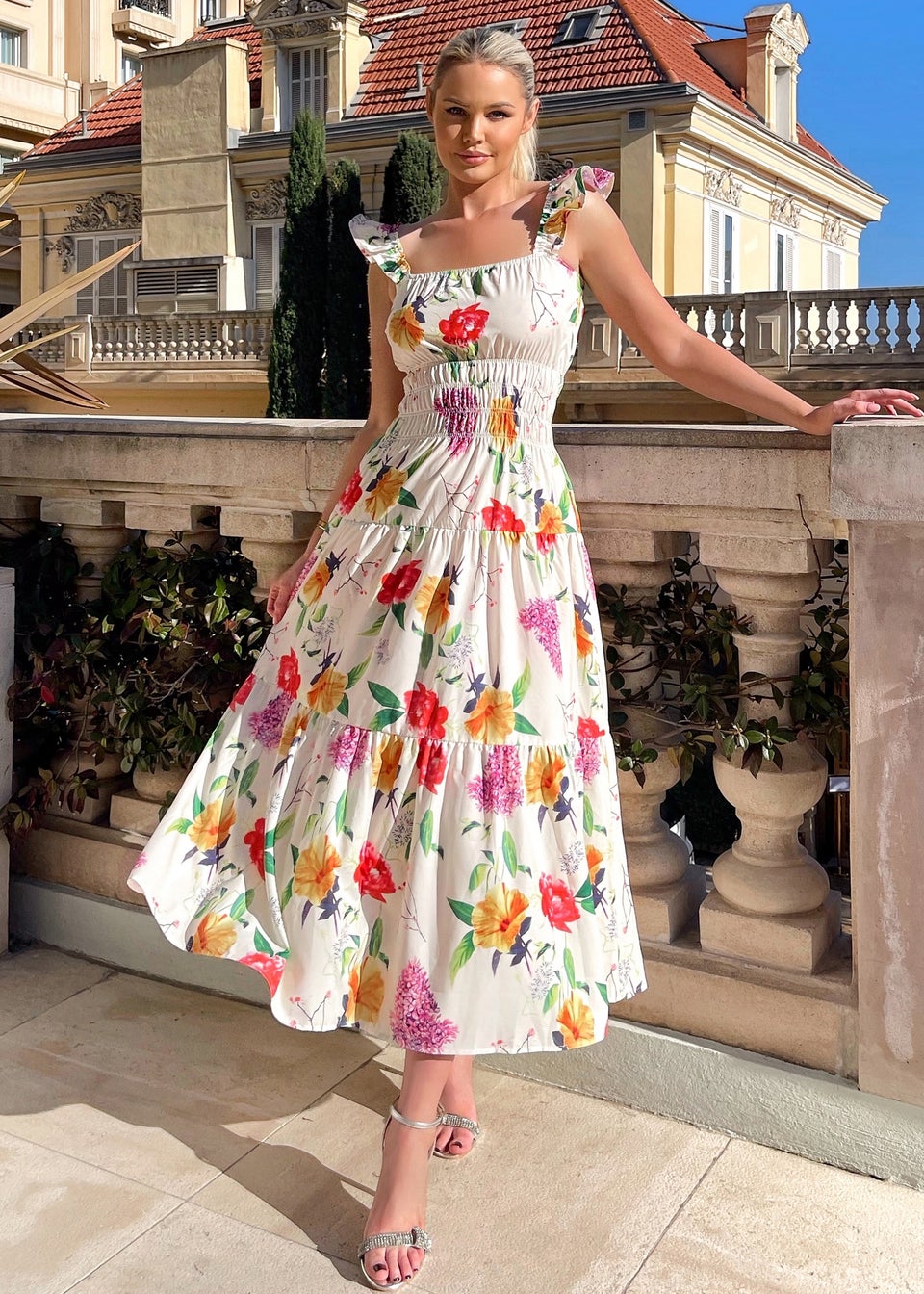 AX Paris Cream Floral Printed Frill Strap Midi Dress Matalan