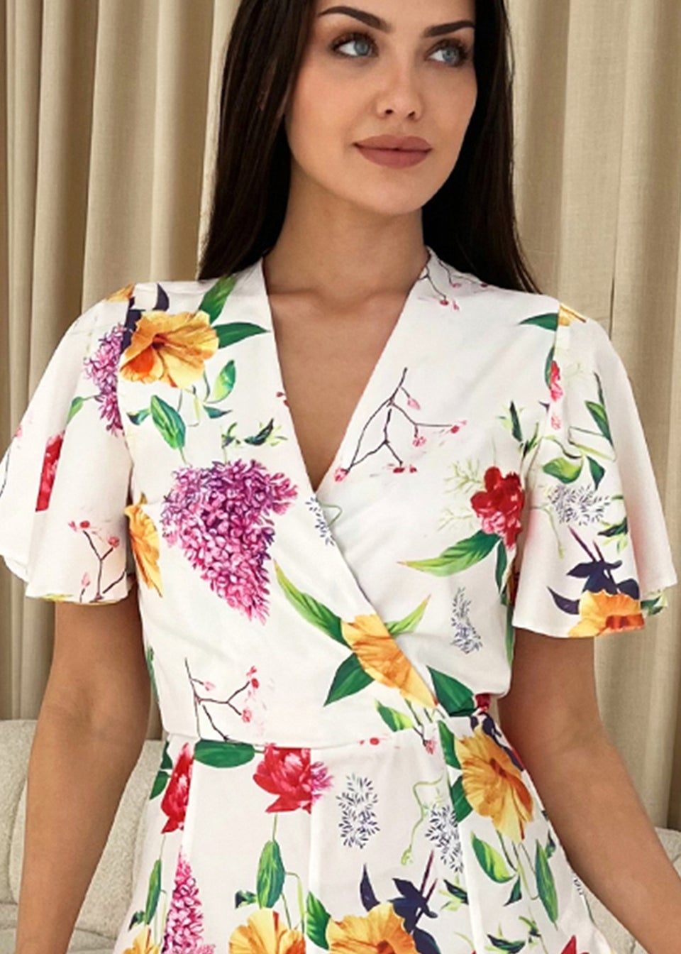AX Paris Cream Floral Printed Wrap Top Skater Dress