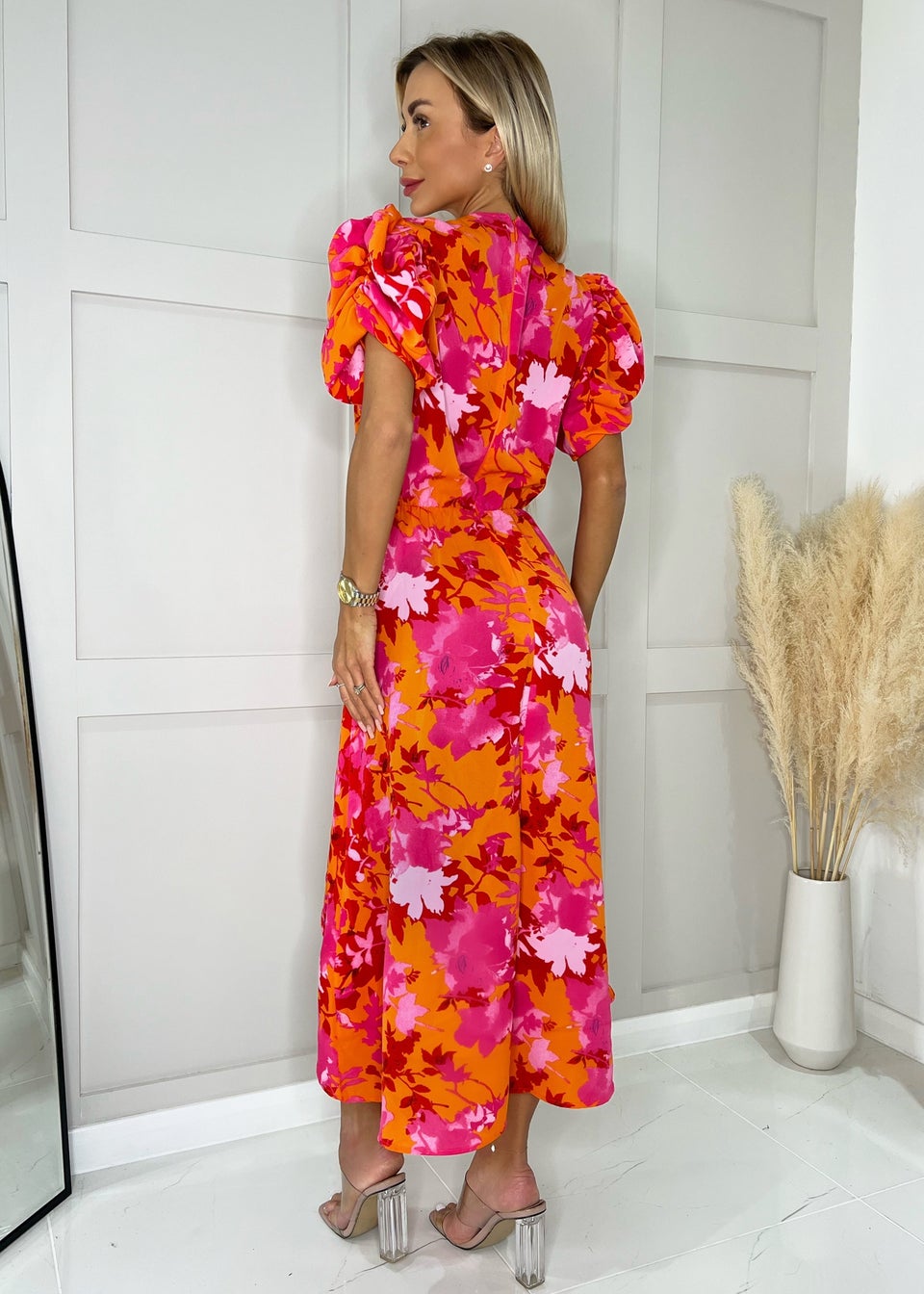 AX Paris Pink Floral Printed Short Puff Sleeve Midi Dress - Matalan
