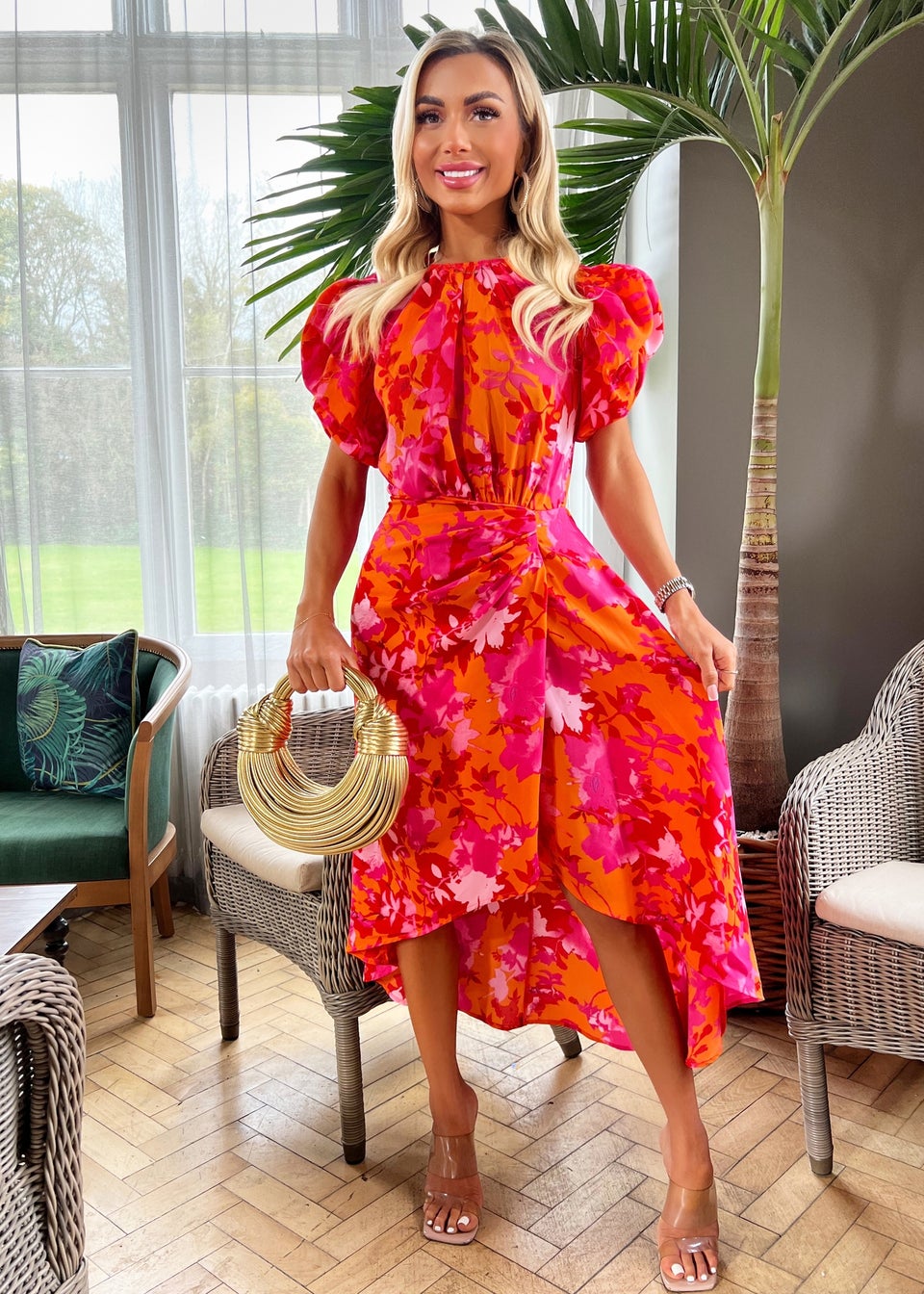 AX Paris Pink Floral Printed Short Puff Sleeve Midi Dress - Matalan